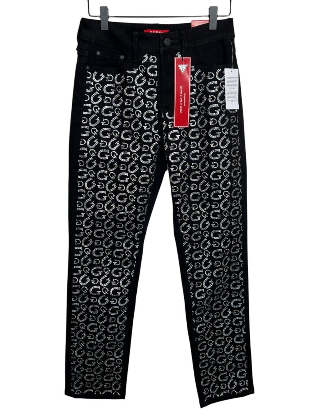 Guess Women’s 26 High Rise Straight Leg Jeans Black Rhinestone Logo